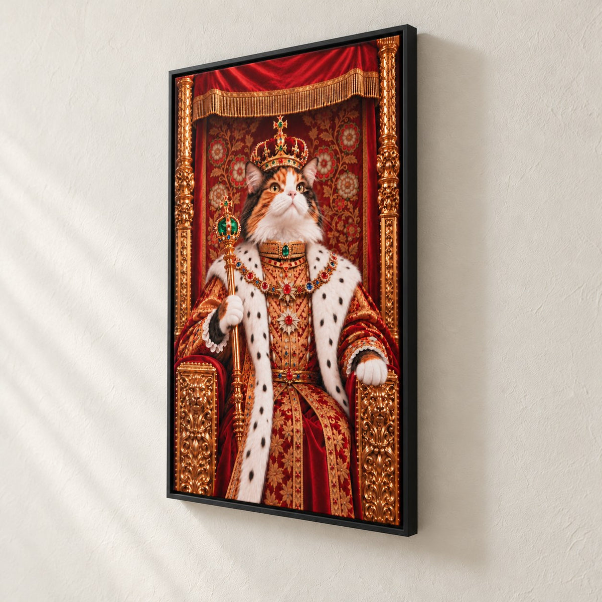 Royal cat portrait canvas, 1 cat, 24" x 36", Black frame, side view showing the depth