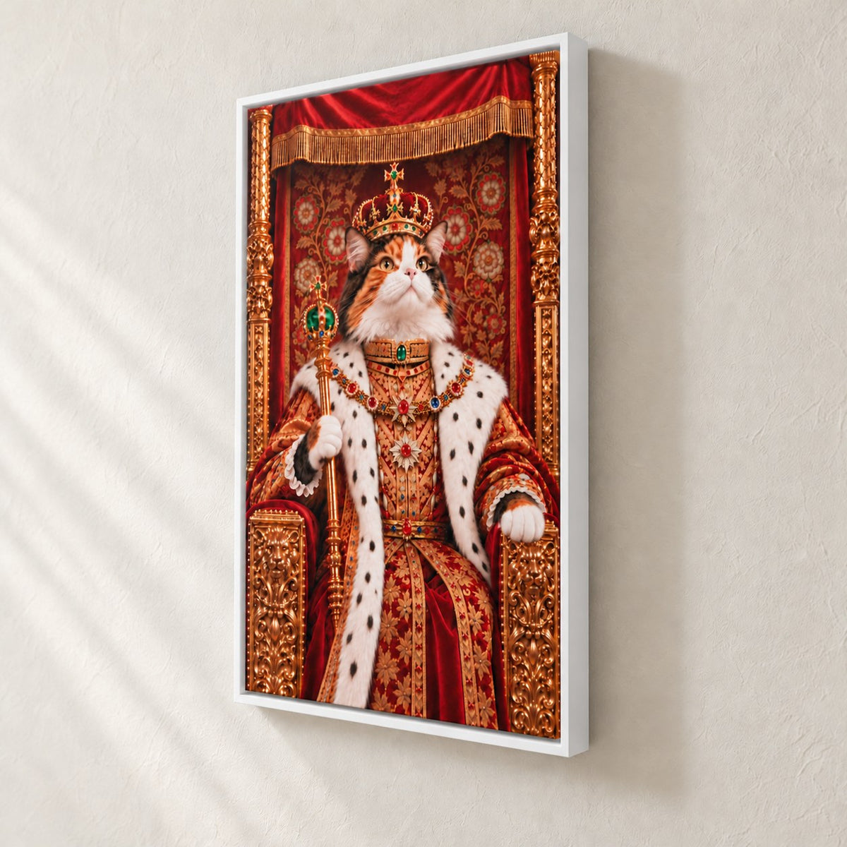 Royal cat portrait canvas, 1 cat, 24" x 36", White frame, side view showing the depth