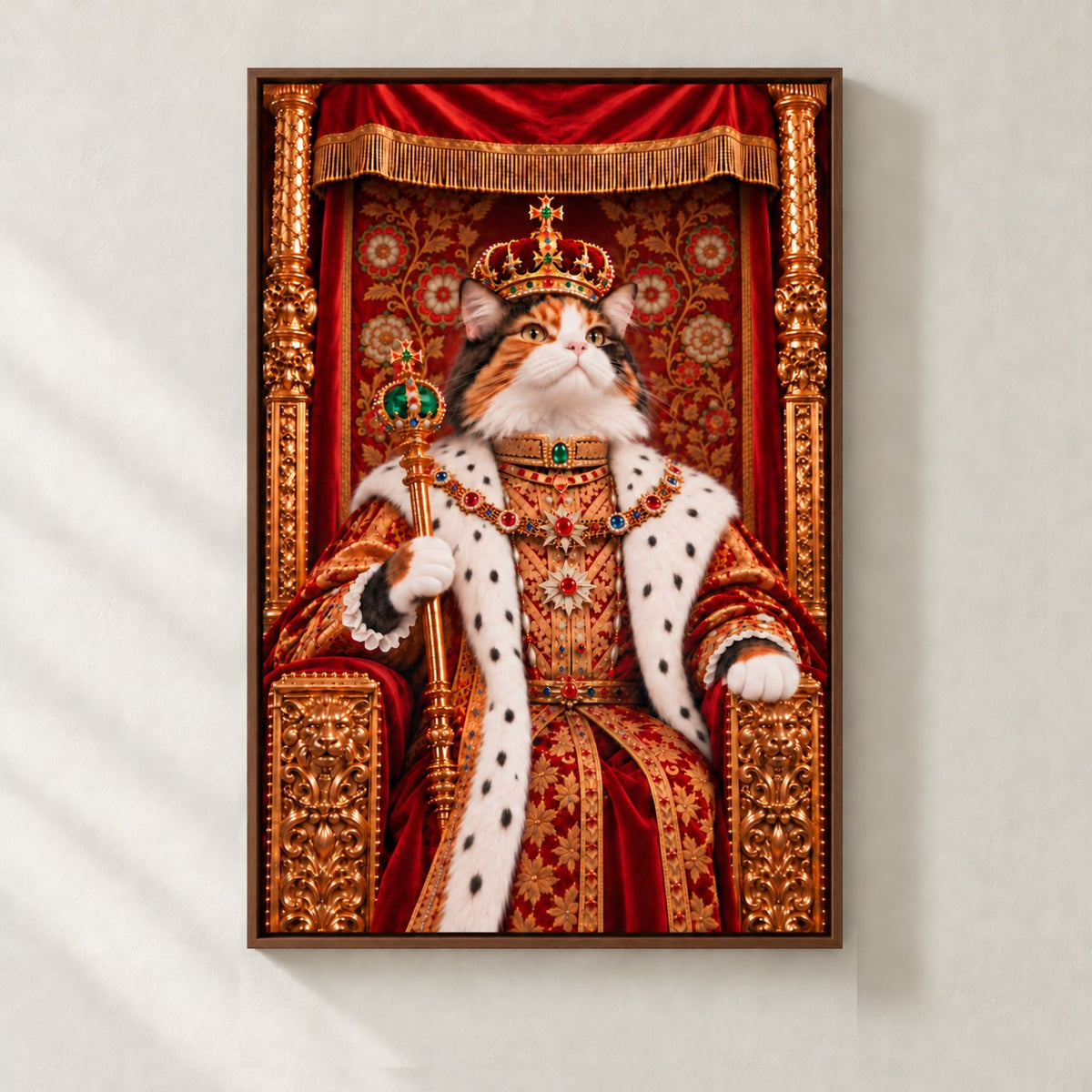 Royal cat portrait canvas, 1 cat, 24" x 36", Brown frame, on a plaster wall