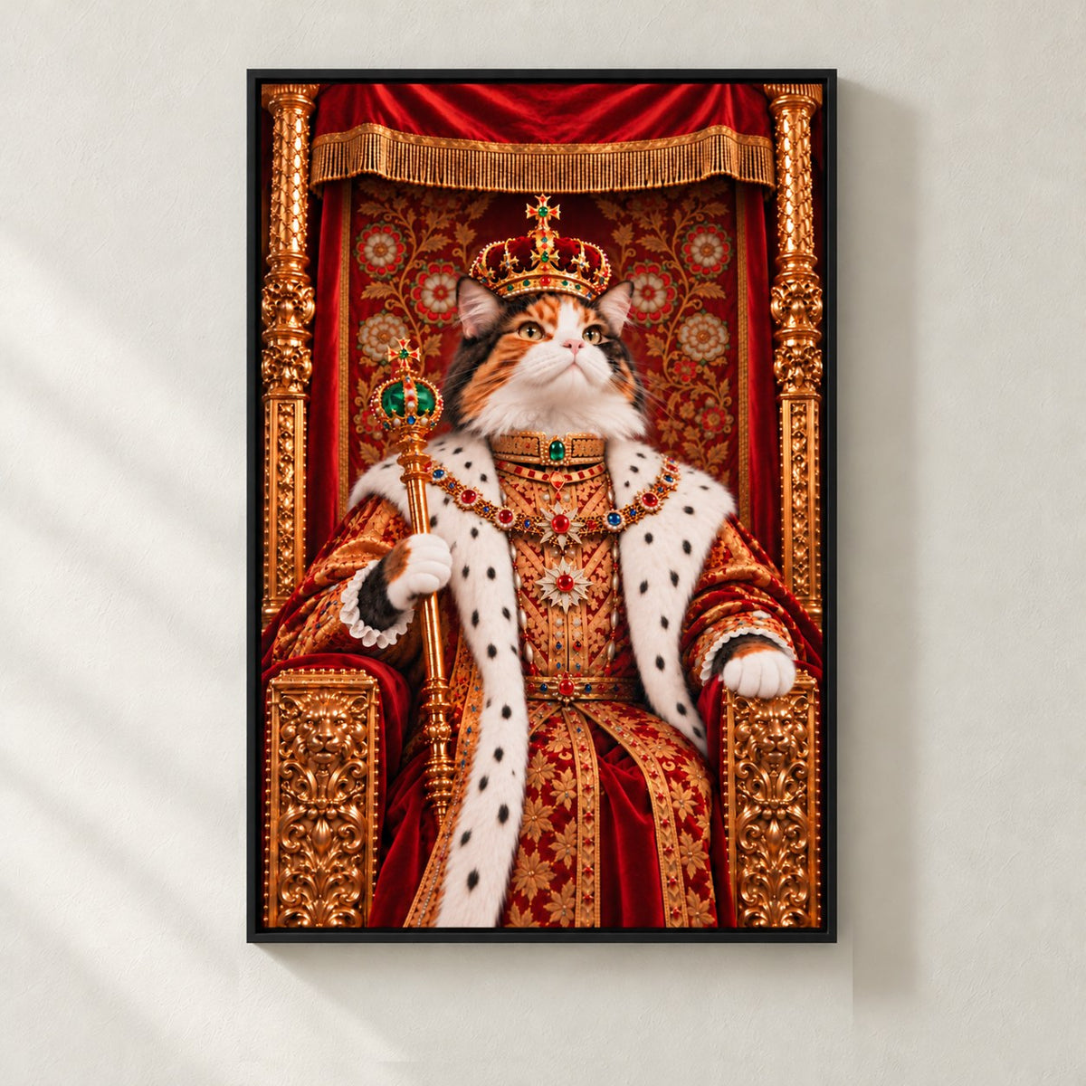 Royal cat portrait canvas, 1 cat, 24" x 36", Black frame, on a plaster wall