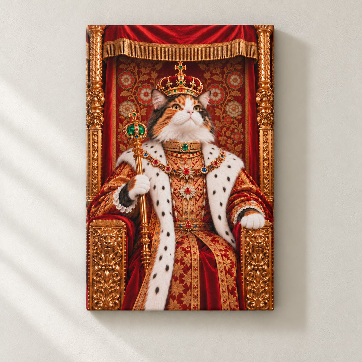 Royal cat portrait canvas, 1 cat, 24" x 36", Unframed, on a plaster wall