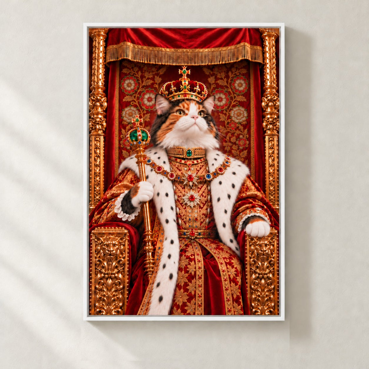 Royal cat portrait canvas, 1 cat, 24" x 36", White frame, on a plaster wall