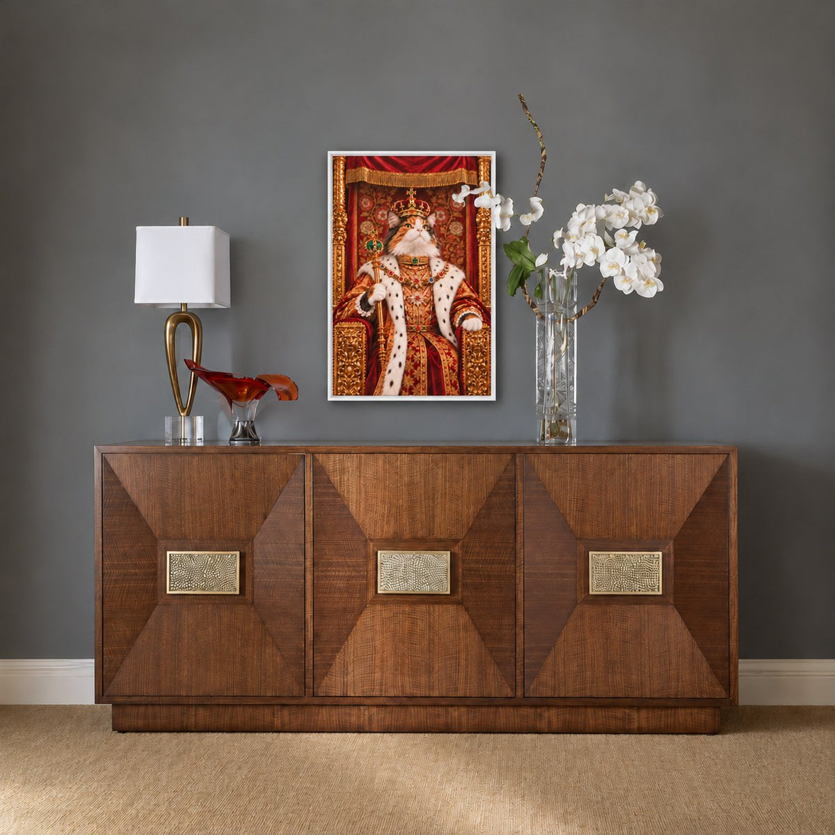 Royal cat portrait canvas, 1 cat, 24" x 36", White frame, above a sideboard at true size