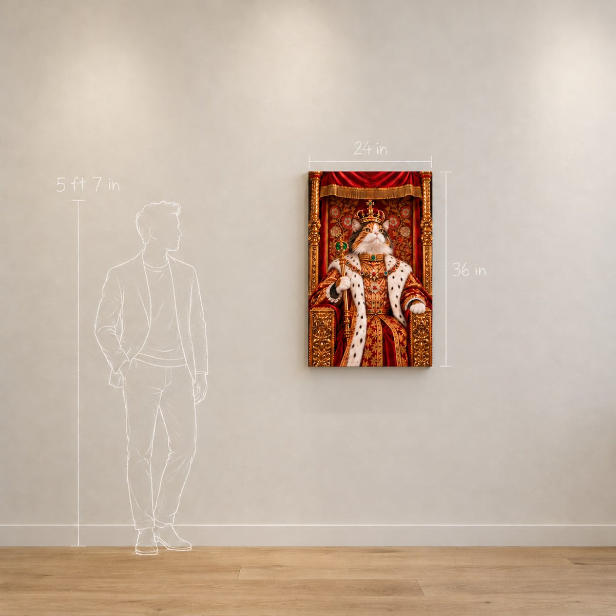 Royal cat portrait canvas, 1 cat, 24" x 36", Unframed, size on the wall