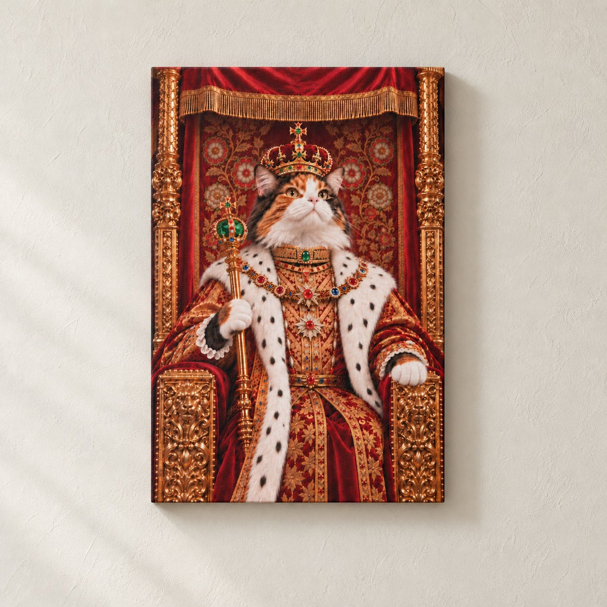 Royal cat portrait canvas, 1 cat, 32" x 48", Unframed, on a plaster wall