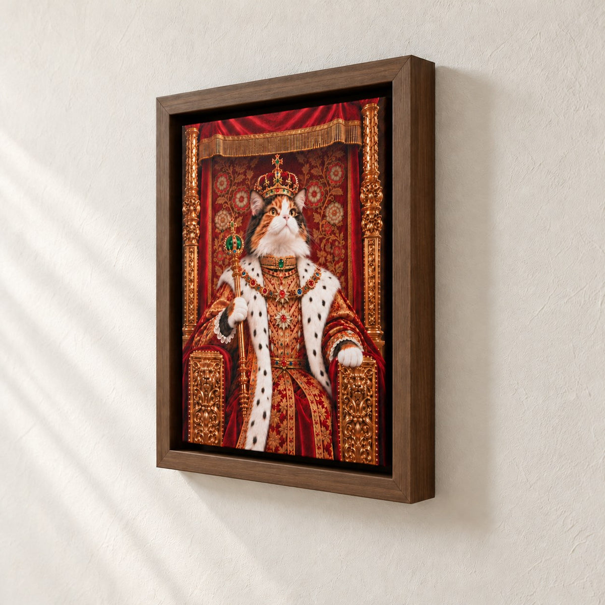 Royal cat portrait canvas, 1 cat, 8" x 10", Brown frame, side view showing the depth