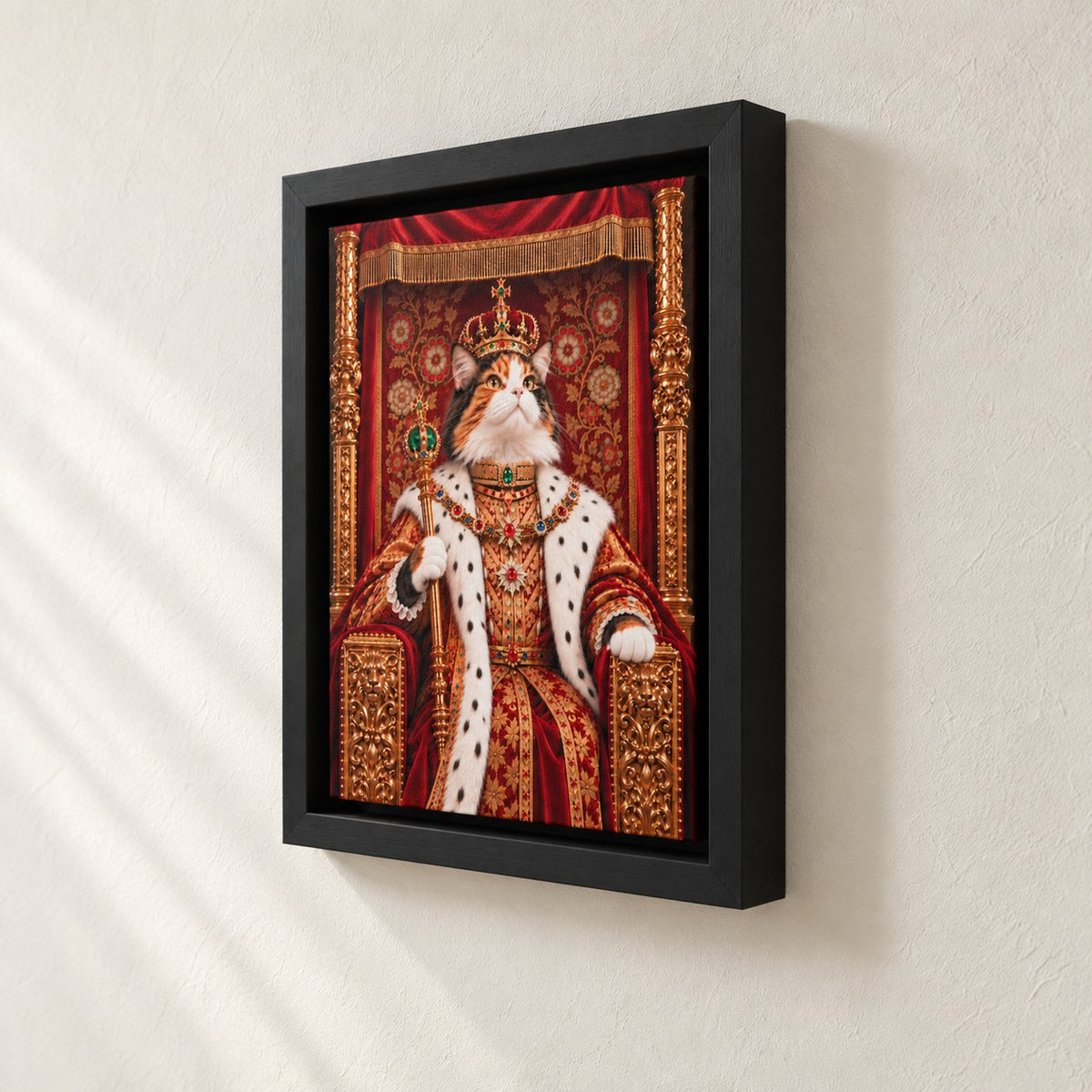 Royal cat portrait canvas, 1 cat, 8" x 10", Black frame, side view showing the depth
