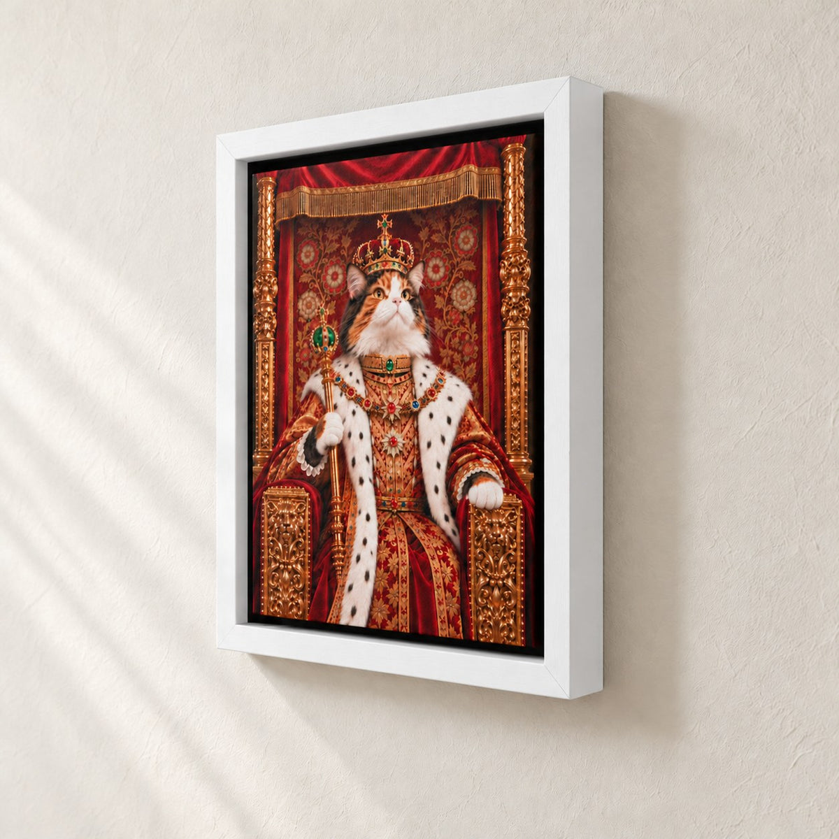 Royal cat portrait canvas, 1 cat, 8" x 10", White frame, side view showing the depth