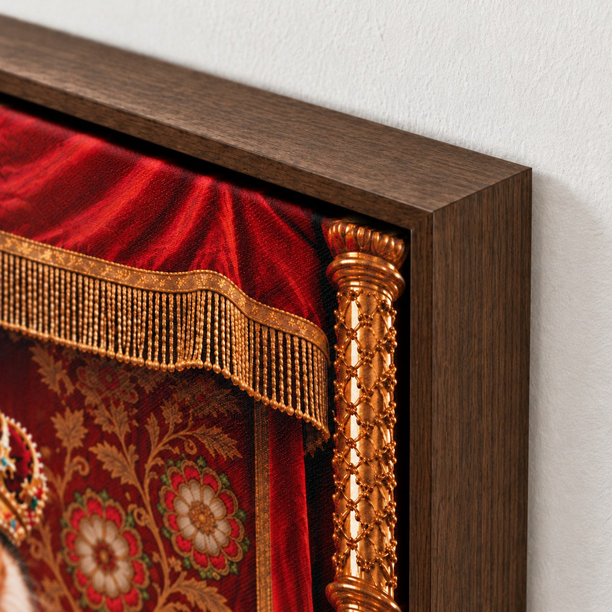 Royal cat portrait canvas, 1 cat, 8" x 10", Brown frame, frame corner close-up
