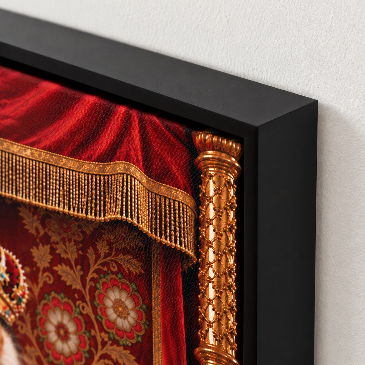 Royal cat portrait canvas, 1 cat, 8" x 10", Black frame, frame corner close-up