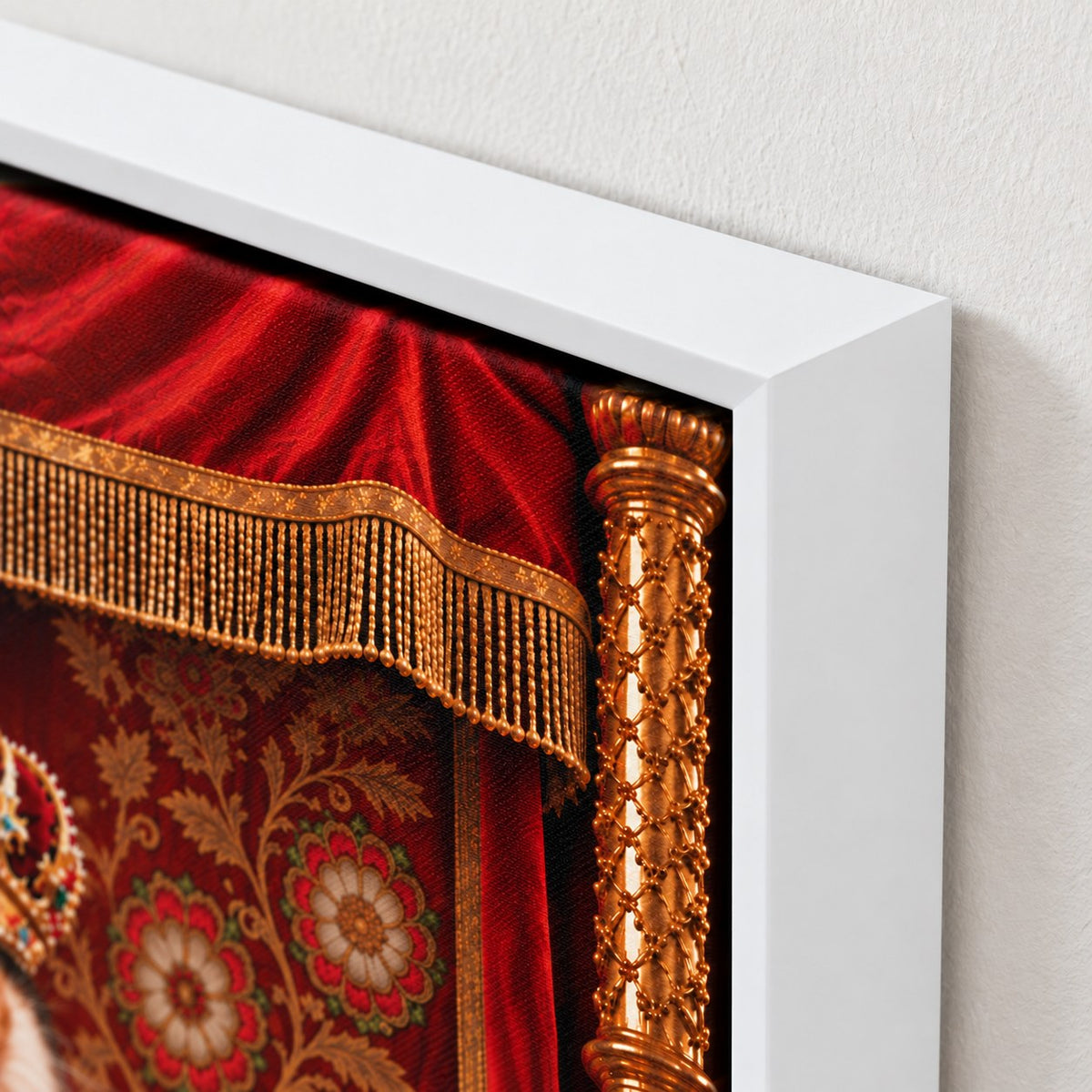 Royal cat portrait canvas, 1 cat, 8" x 10", White frame, frame corner close-up