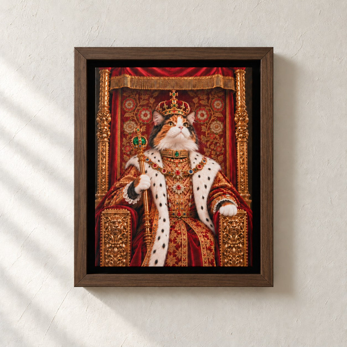 Royal cat portrait canvas, 1 cat, 8" x 10", Brown frame, on a plaster wall