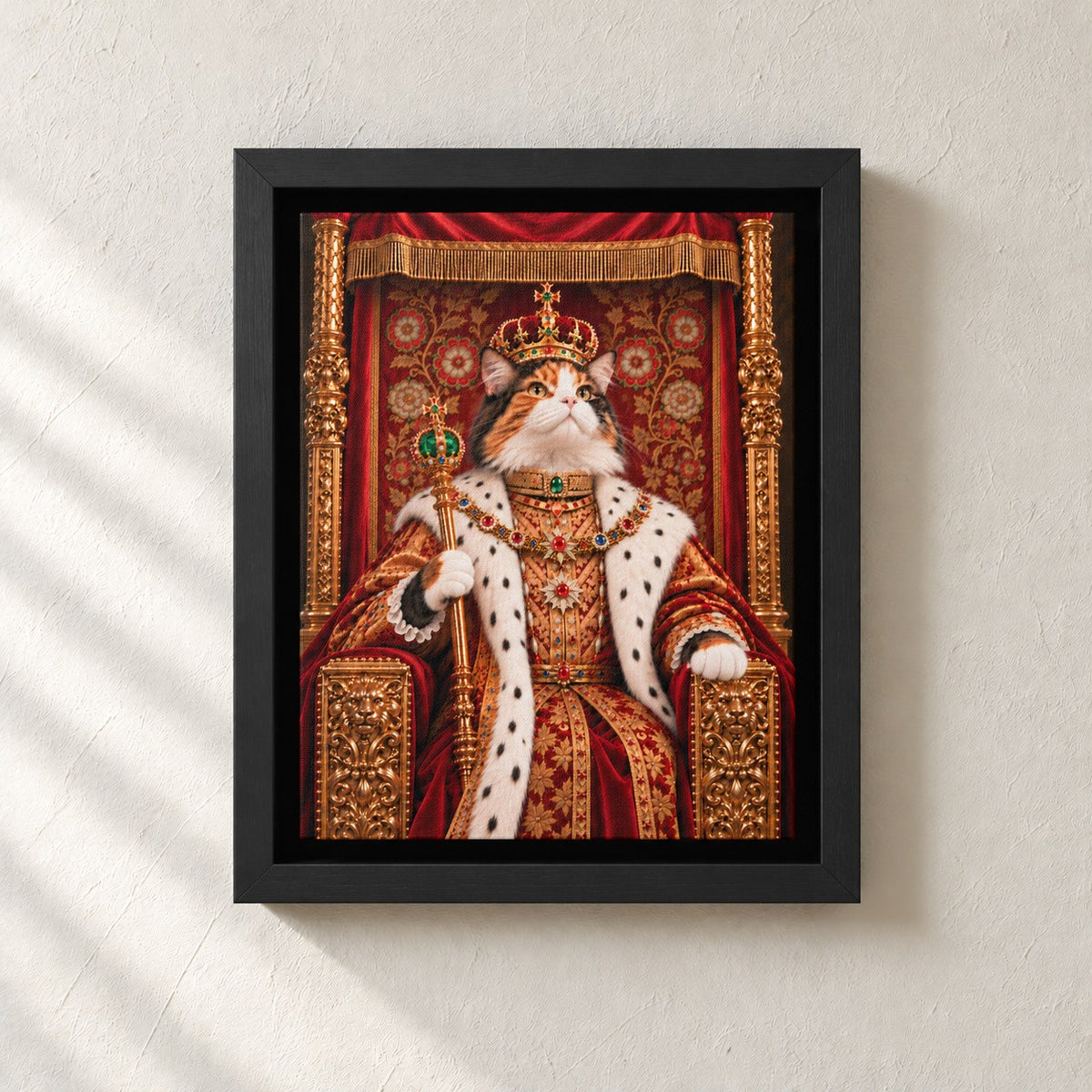 Royal cat portrait canvas, 1 cat, 8" x 10", Black frame, on a plaster wall