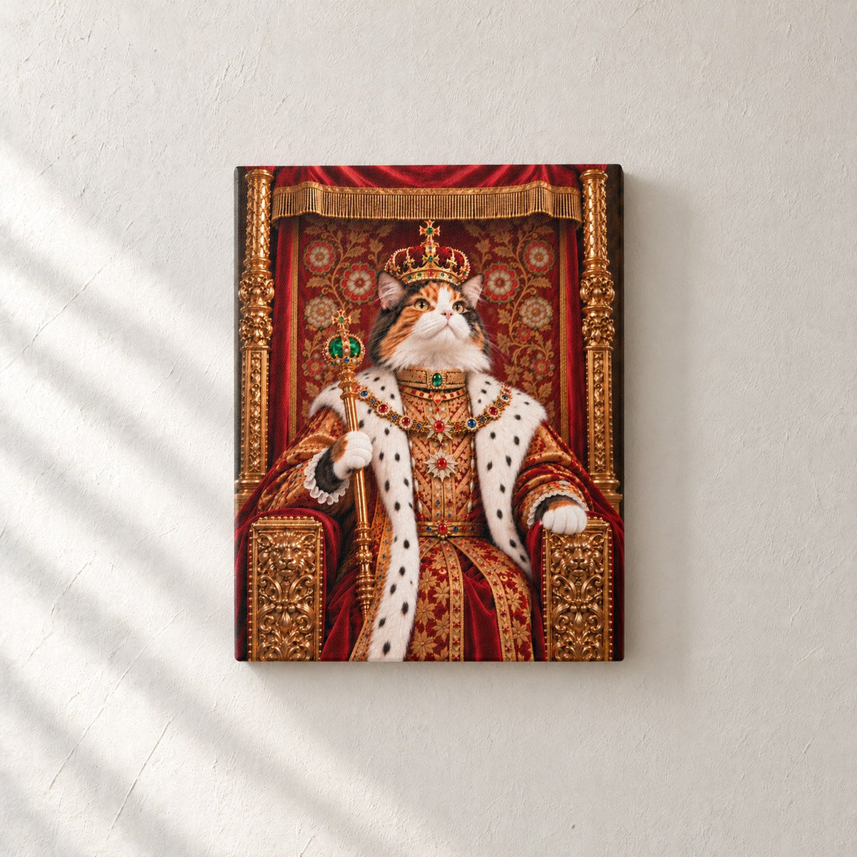 Royal cat portrait canvas, 1 cat, 8" x 10", Unframed, on a plaster wall