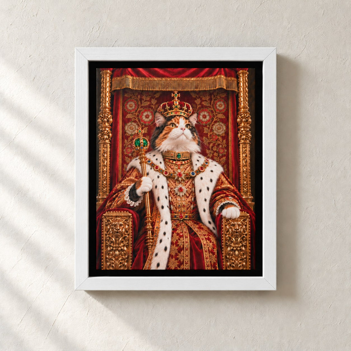 Royal cat portrait canvas, 1 cat, 8" x 10", White frame, on a plaster wall