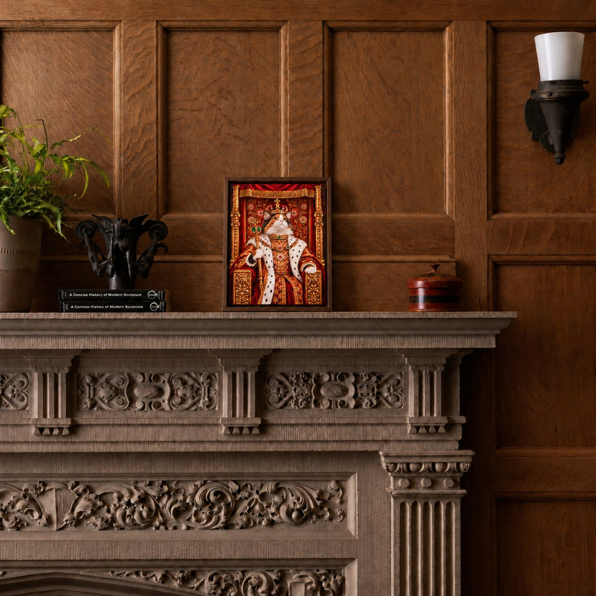 Royal cat portrait canvas, 1 cat, 8" x 10", Brown frame, on an oak-panelled mantel at true size