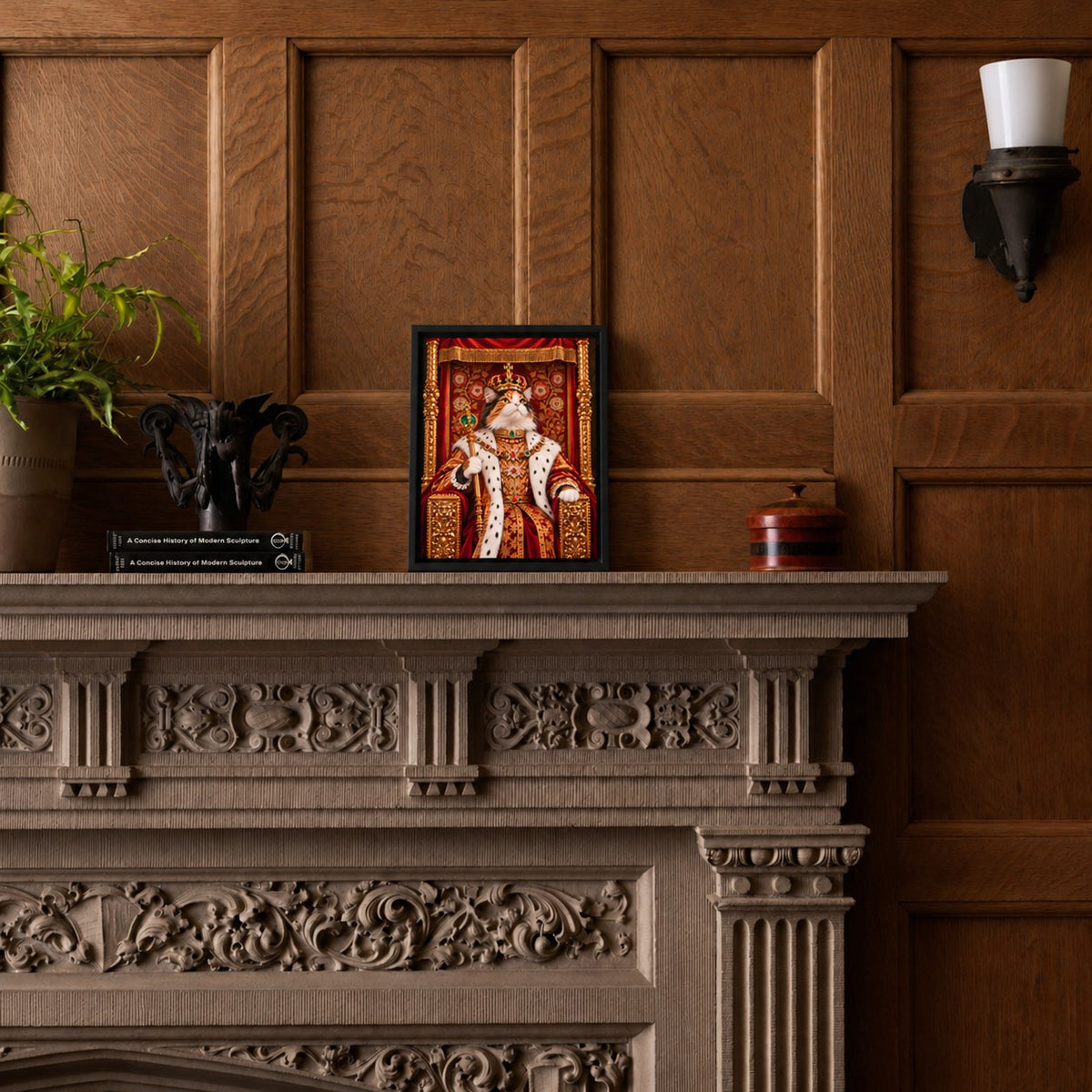 Royal cat portrait canvas, 1 cat, 8" x 10", Black frame, on an oak-panelled mantel at true size
