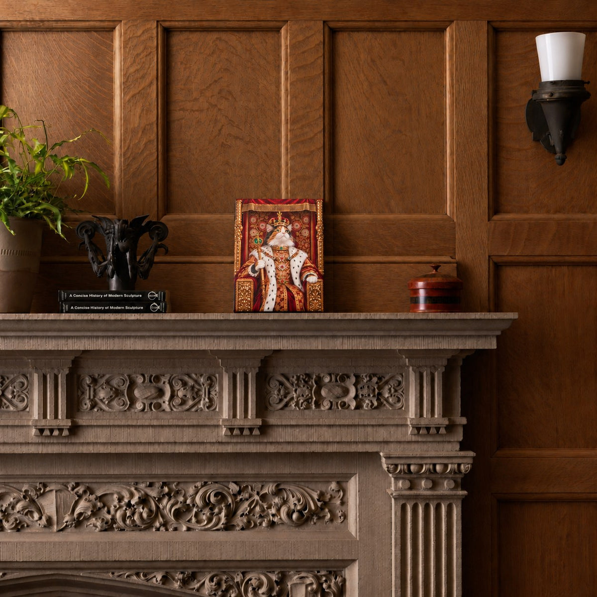 Royal cat portrait canvas, 1 cat, 8" x 10", Unframed, on an oak-panelled mantel at true size