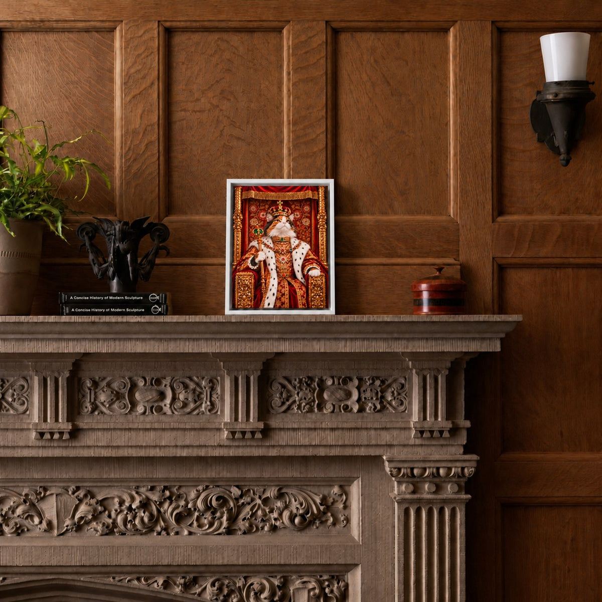 Royal cat portrait canvas, 1 cat, 8" x 10", White frame, on an oak-panelled mantel at true size