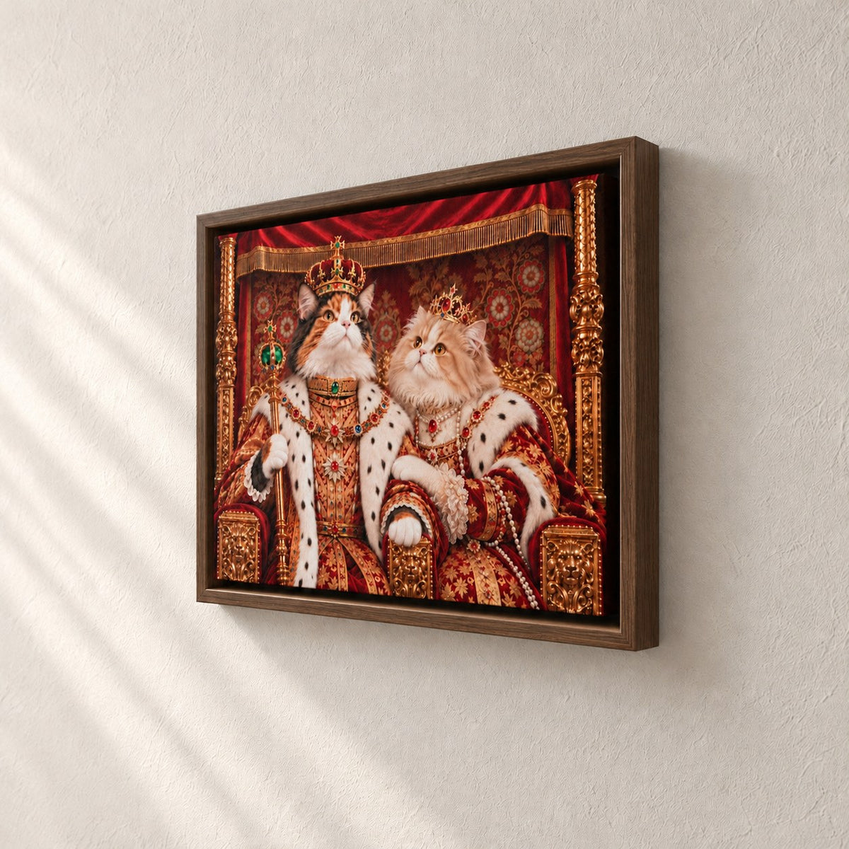 Royal cat portrait canvas, 2 cats, 16" x 12", Brown frame, side view showing the depth