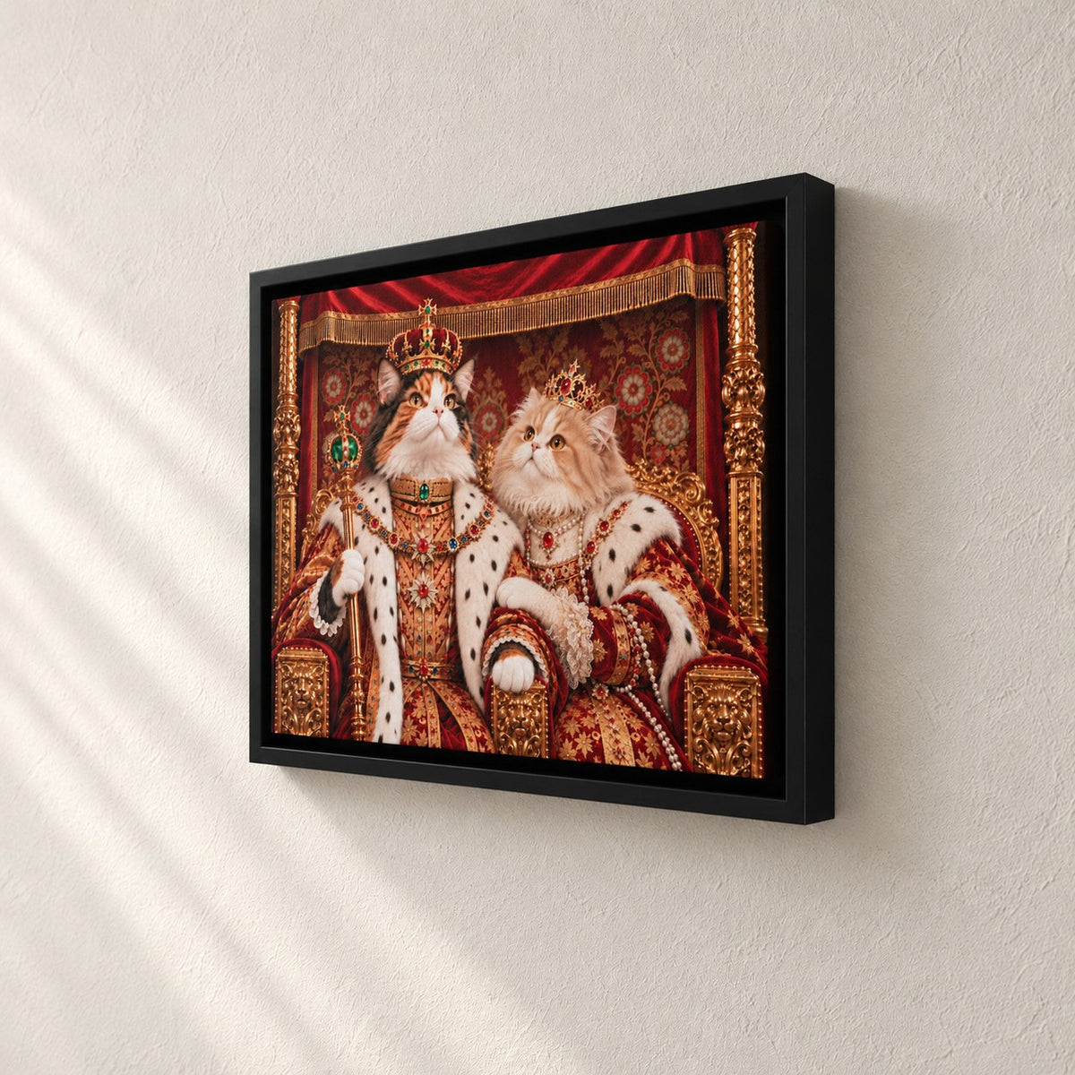 Royal cat portrait canvas, 2 cats, 16" x 12", Black frame, side view showing the depth