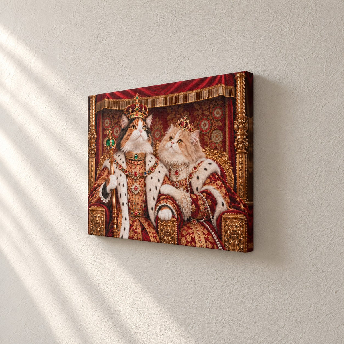 Royal cat portrait canvas, 2 cats, 16" x 12", Unframed, side view showing the depth
