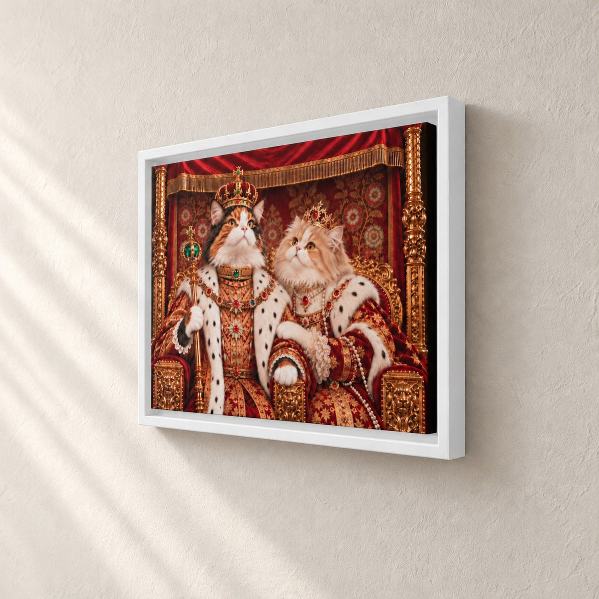 Royal cat portrait canvas, 2 cats, 16" x 12", White frame, side view showing the depth
