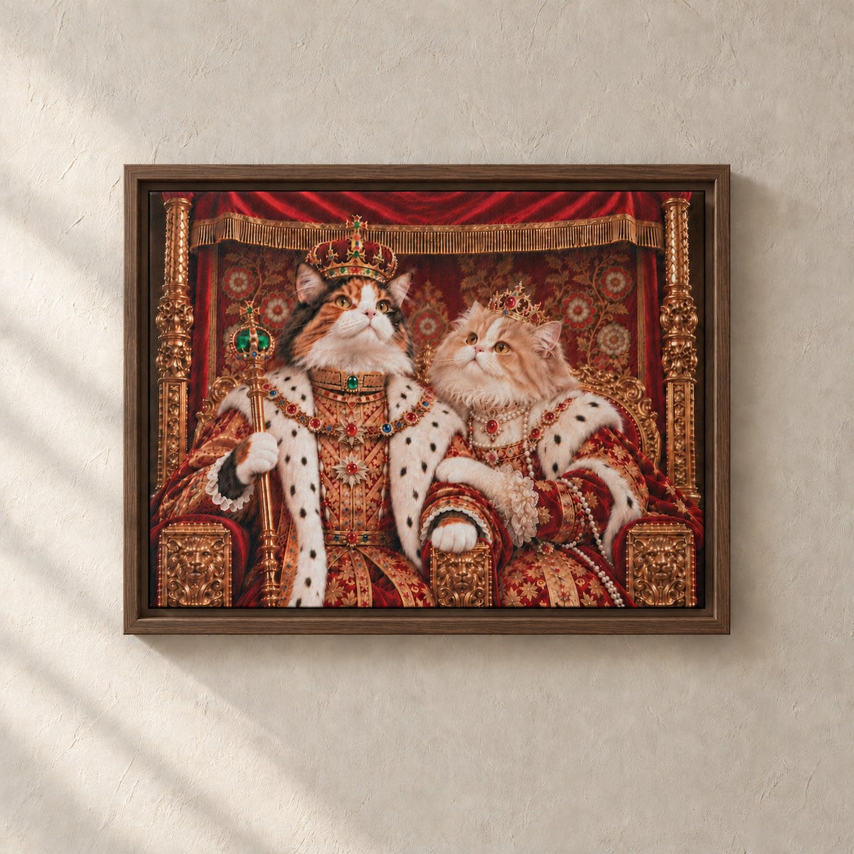 Royal cat portrait canvas, 2 cats, 16" x 12", Brown frame, on a plaster wall