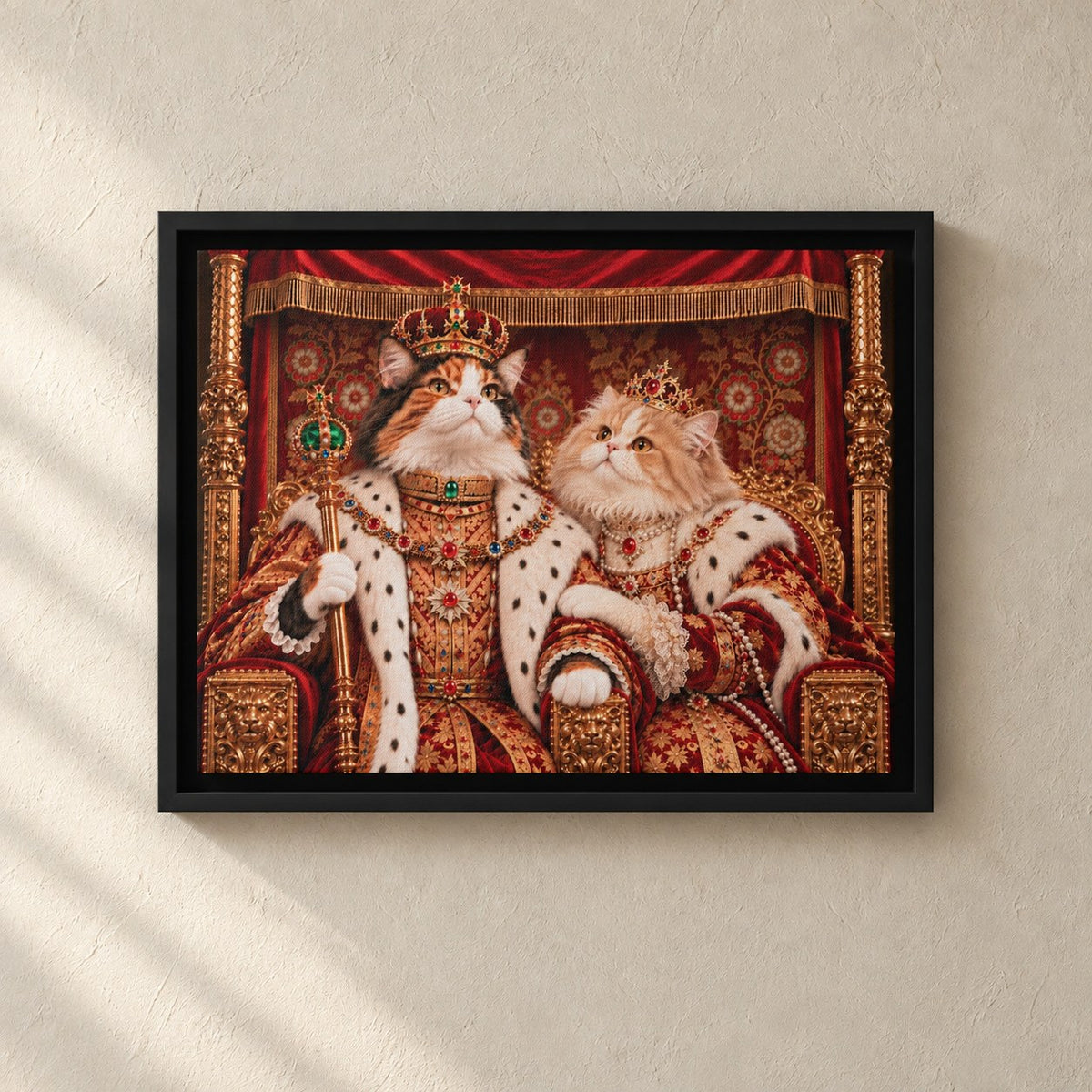 Royal cat portrait canvas, 2 cats, 16" x 12", Black frame, on a plaster wall