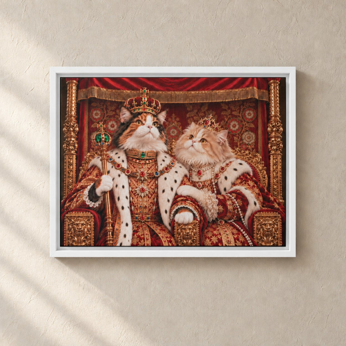 Royal cat portrait canvas, 2 cats, 16" x 12", White frame, on a plaster wall