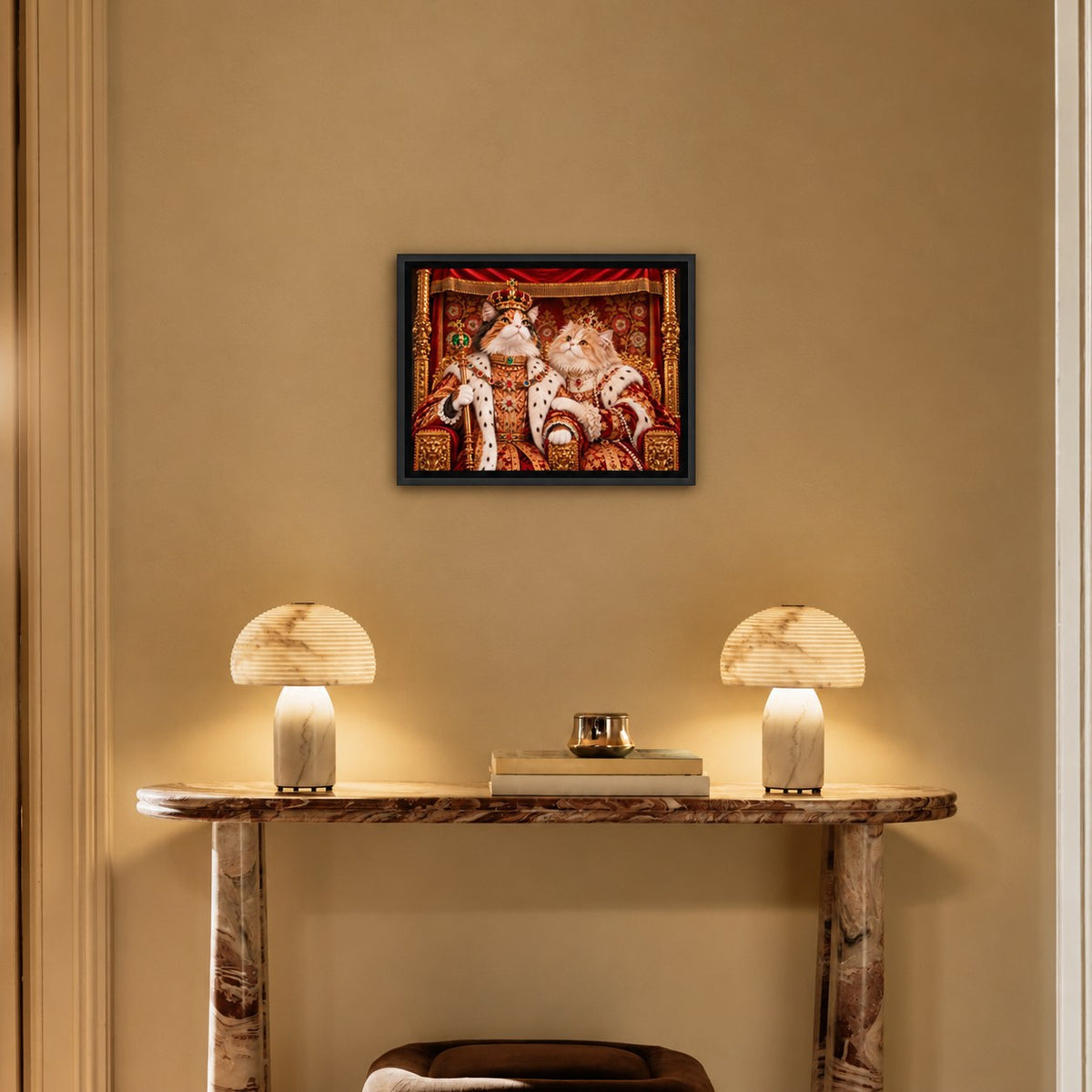 Royal cat portrait canvas, 2 cats, 16" x 12", Black frame, above a console at true size