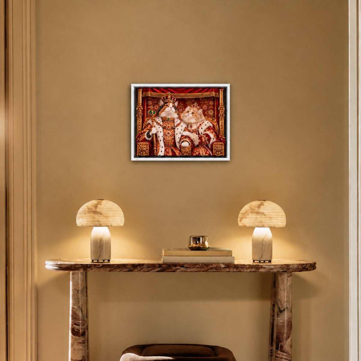 Royal cat portrait canvas, 2 cats, 16" x 12", White frame, above a console at true size