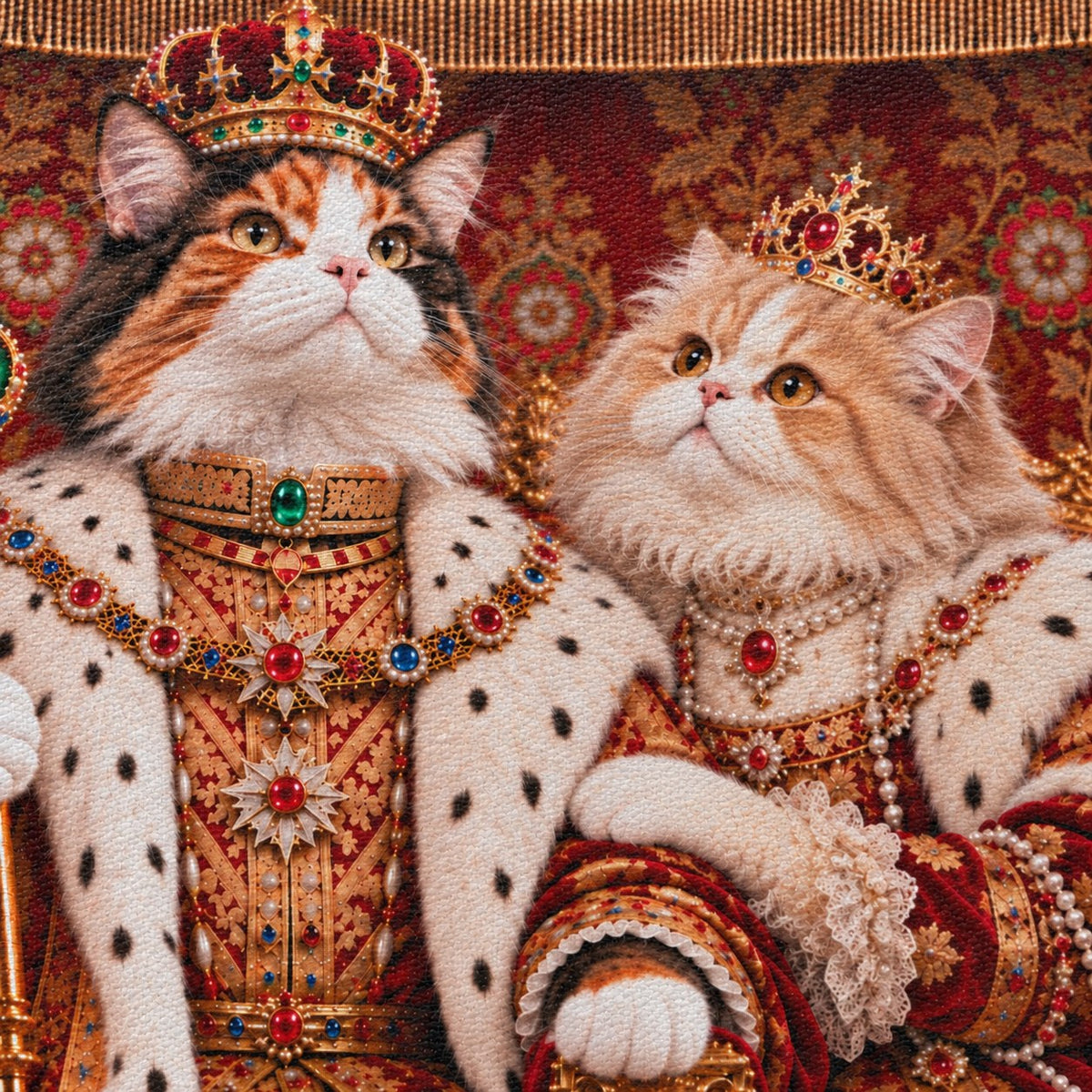 Royal cat portrait canvas, 2 cats, canvas texture close-up