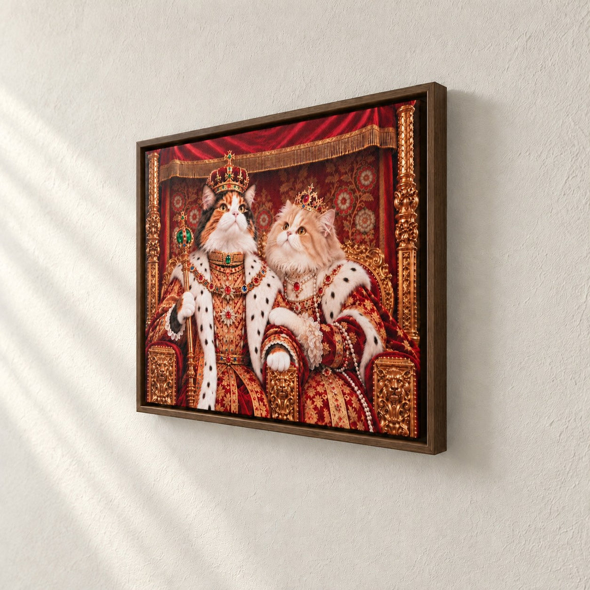 Royal cat portrait canvas, 2 cats, 24" x 18", Brown frame, side view showing the depth
