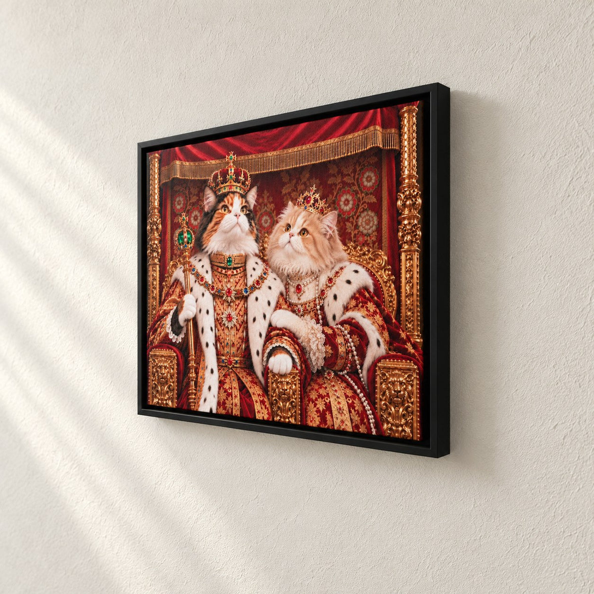 Royal cat portrait canvas, 2 cats, 24" x 18", Black frame, side view showing the depth