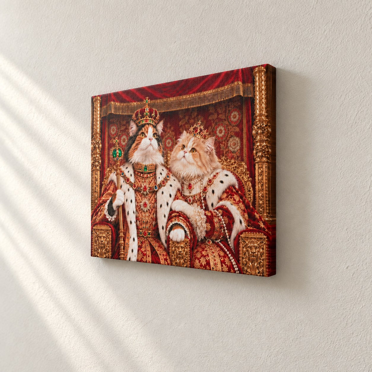 Royal cat portrait canvas, 2 cats, 24" x 18", Unframed, side view showing the depth
