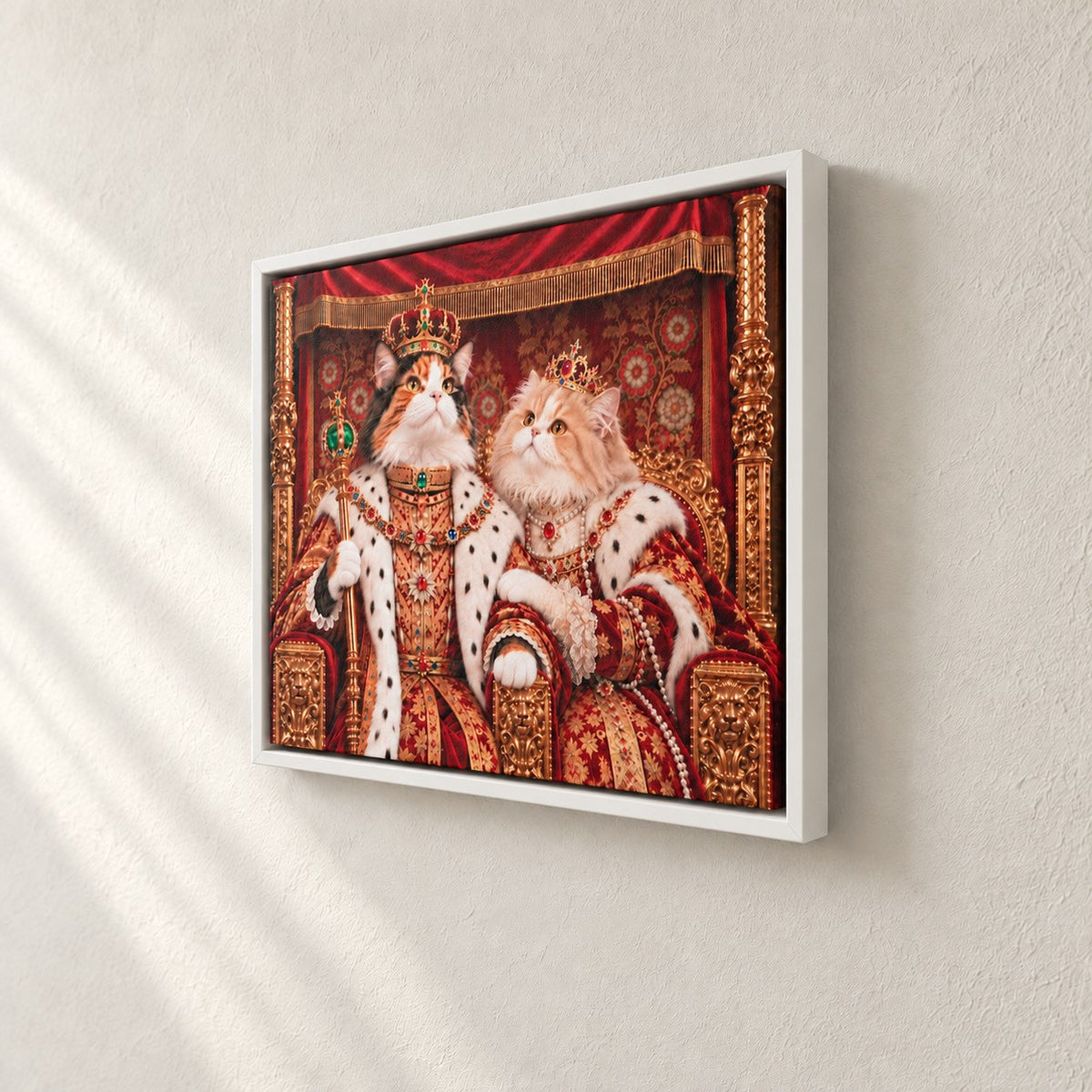Royal cat portrait canvas, 2 cats, 24" x 18", White frame, side view showing the depth