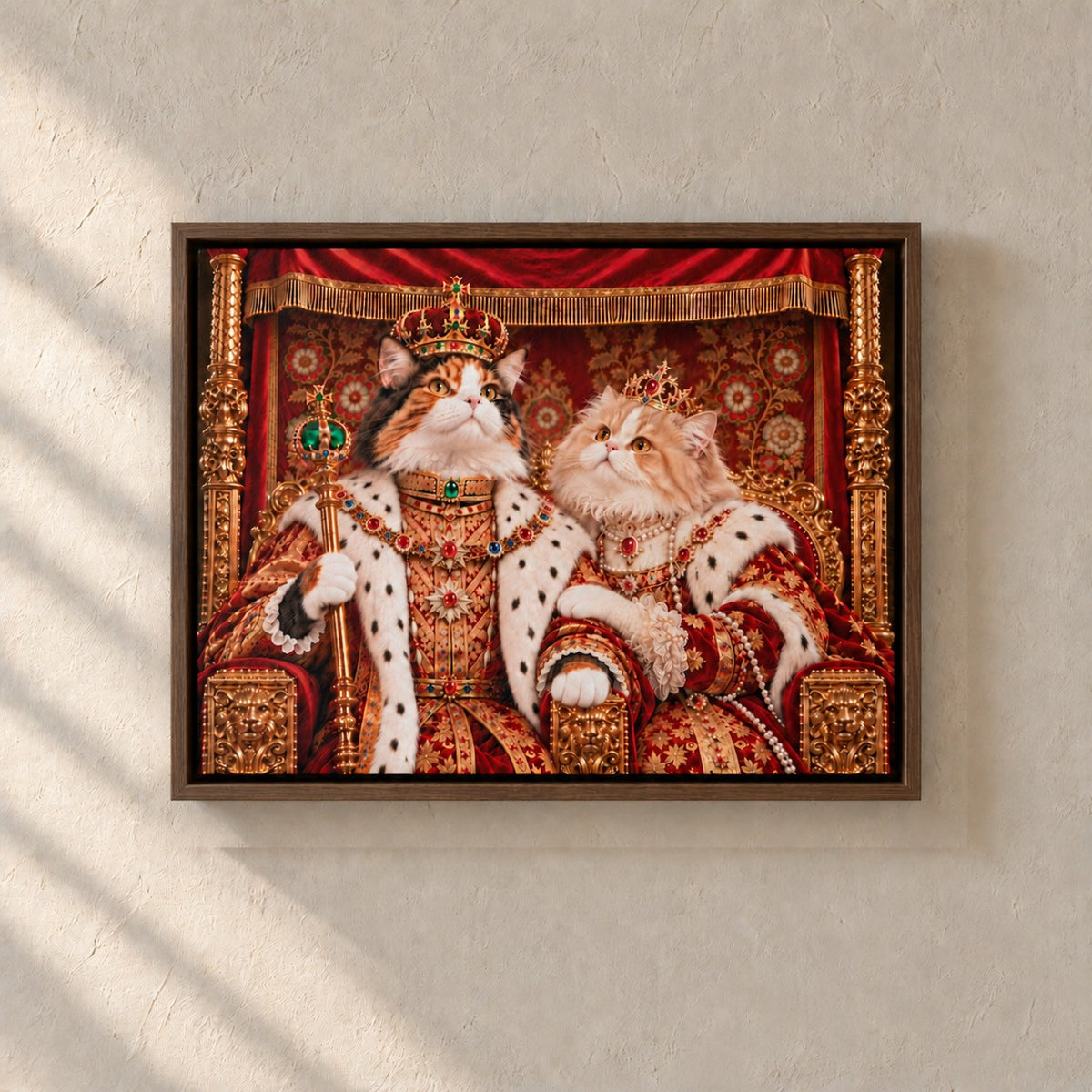Royal cat portrait canvas, 2 cats, 24" x 18", Brown frame, on a plaster wall