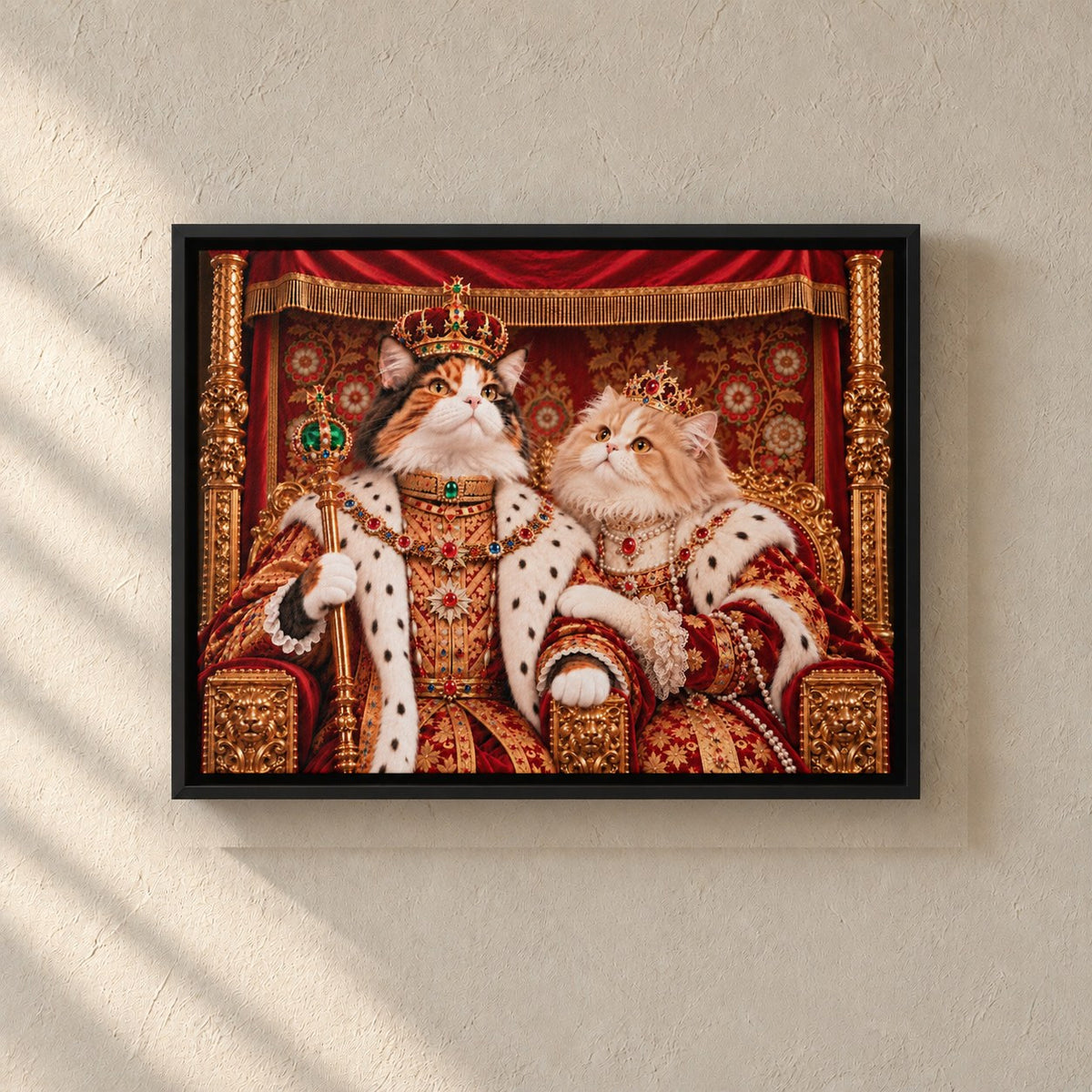 Royal cat portrait canvas, 2 cats, 24" x 18", Black frame, on a plaster wall