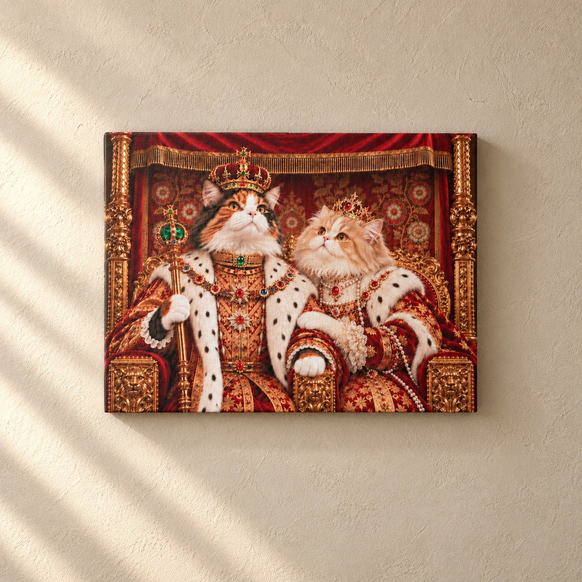 Royal cat portrait canvas, 2 cats, 24" x 18", Unframed, on a plaster wall