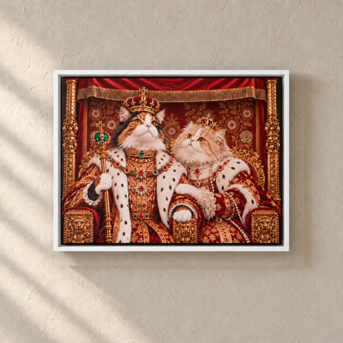 Royal cat portrait canvas, 2 cats, 24" x 18", White frame, on a plaster wall