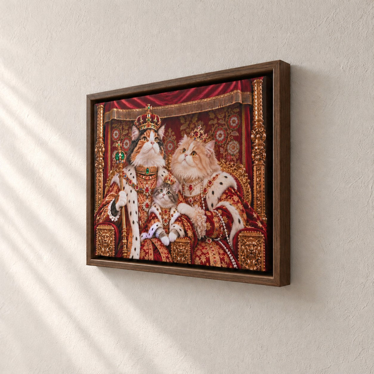 Royal cat portrait canvas, 3 cats, 16" x 12", Brown frame, side view showing the depth