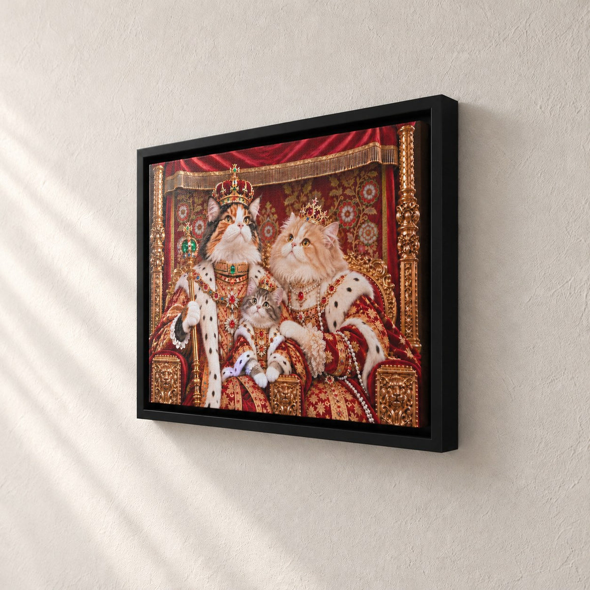 Royal cat portrait canvas, 3 cats, 16" x 12", Black frame, side view showing the depth