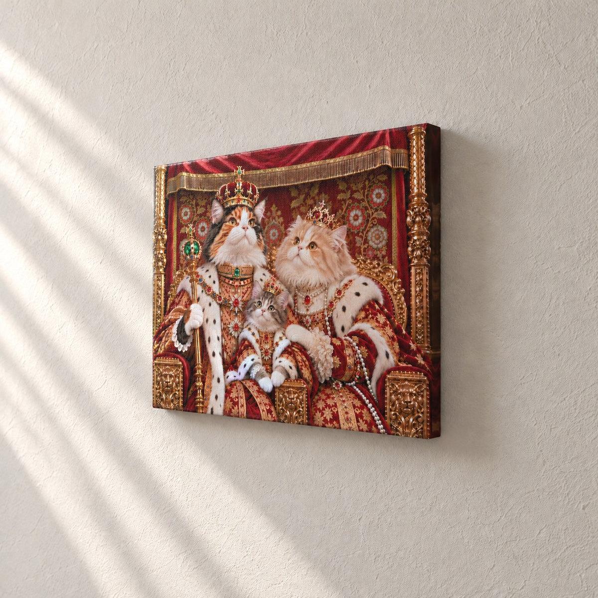 Royal cat portrait canvas, 3 cats, 16" x 12", Unframed, side view showing the depth