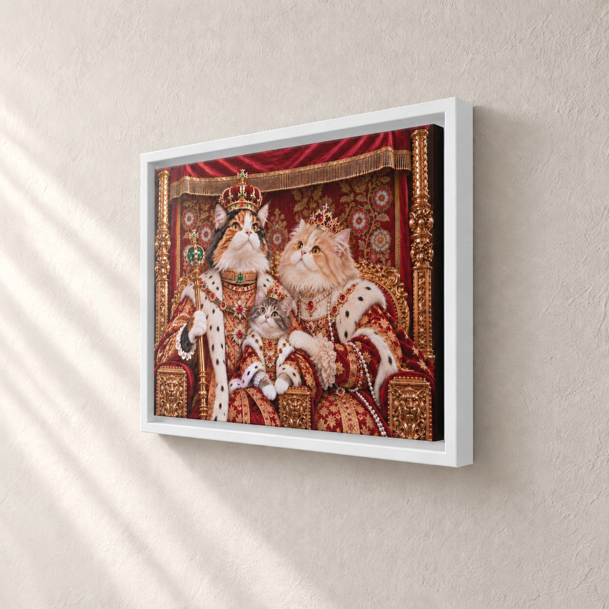 Royal cat portrait canvas, 3 cats, 16" x 12", White frame, side view showing the depth