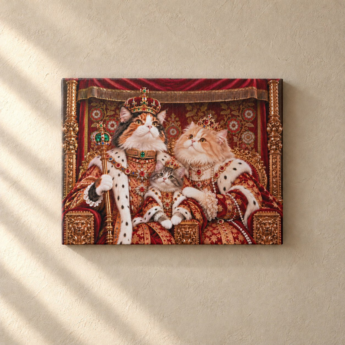 Royal cat portrait canvas, 3 cats, 16" x 12", Unframed, on a plaster wall