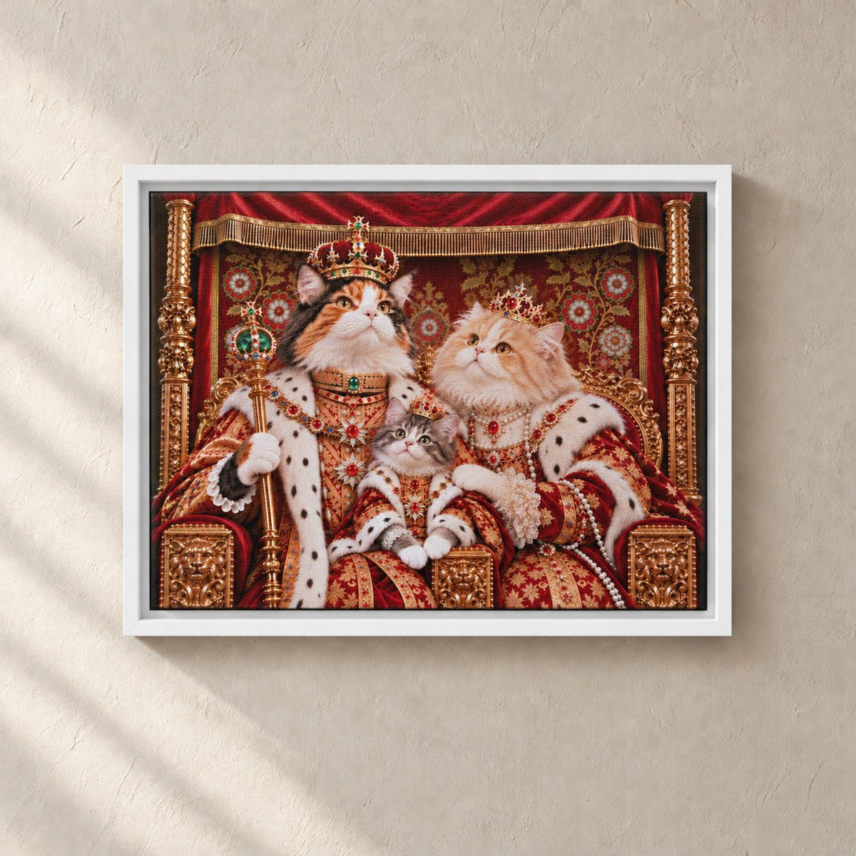 Royal cat portrait canvas, 3 cats, 16" x 12", White frame, on a plaster wall