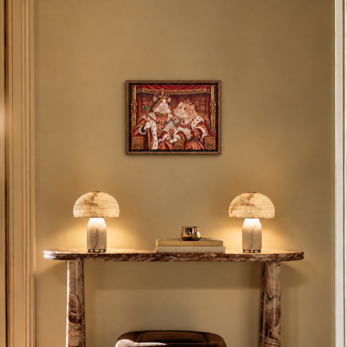 Royal cat portrait canvas, 3 cats, 16" x 12", Brown frame, above a console at true size