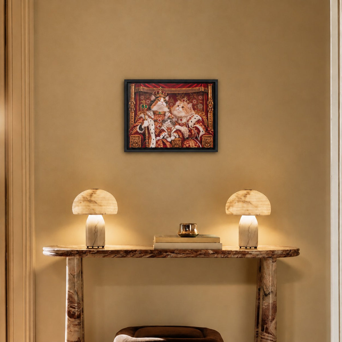 Royal cat portrait canvas, 3 cats, 16" x 12", Black frame, above a console at true size