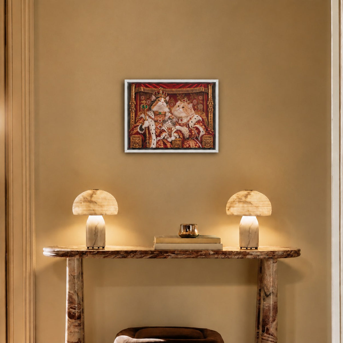 Royal cat portrait canvas, 3 cats, 16" x 12", White frame, above a console at true size